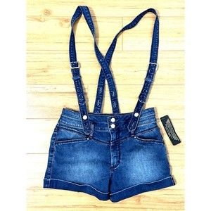 New Bebe Denim Blue Jean Shorts With  Suspenders Stretch Size 28 $89